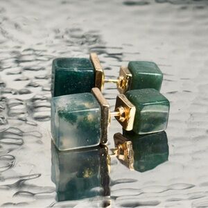 Moss Agate “Abundance & Connection” Double Cube Cabochon Gold Metal Earrings